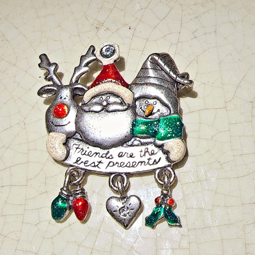 Santa and friends Rudolph snowman silver pewter tone dangle charms brooch
